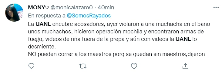 tuit que narra hechos por la amenazas en la UANL