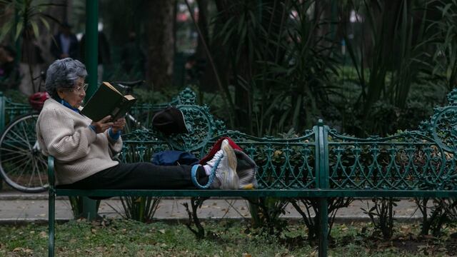 Una mujer de la tercera edad lee en el Parque España