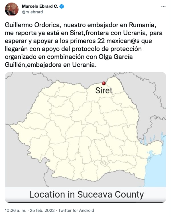 Tuit de Marcelo Ebrard sobre la evacuación de mexicanos en Ucrania