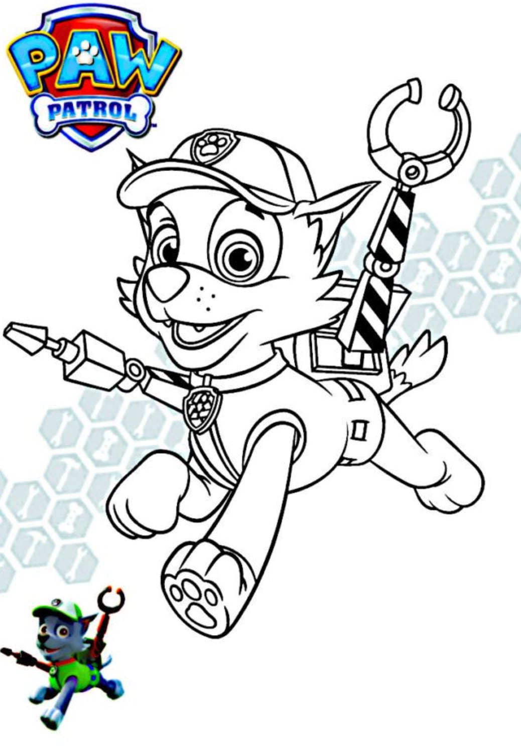 Rocky de Paw Patrol para colorear con su mochila de trabajo