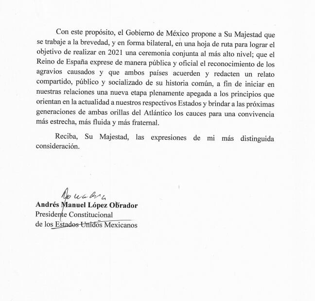 Carta que AMLO envío a España
