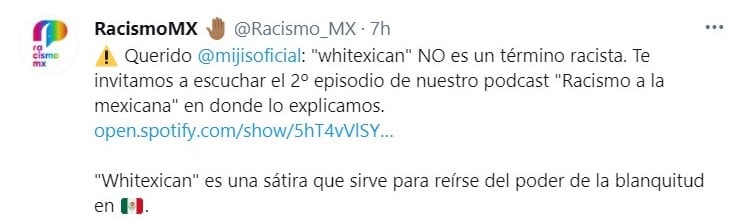 Publicación de Twitter - @Racismo_MX