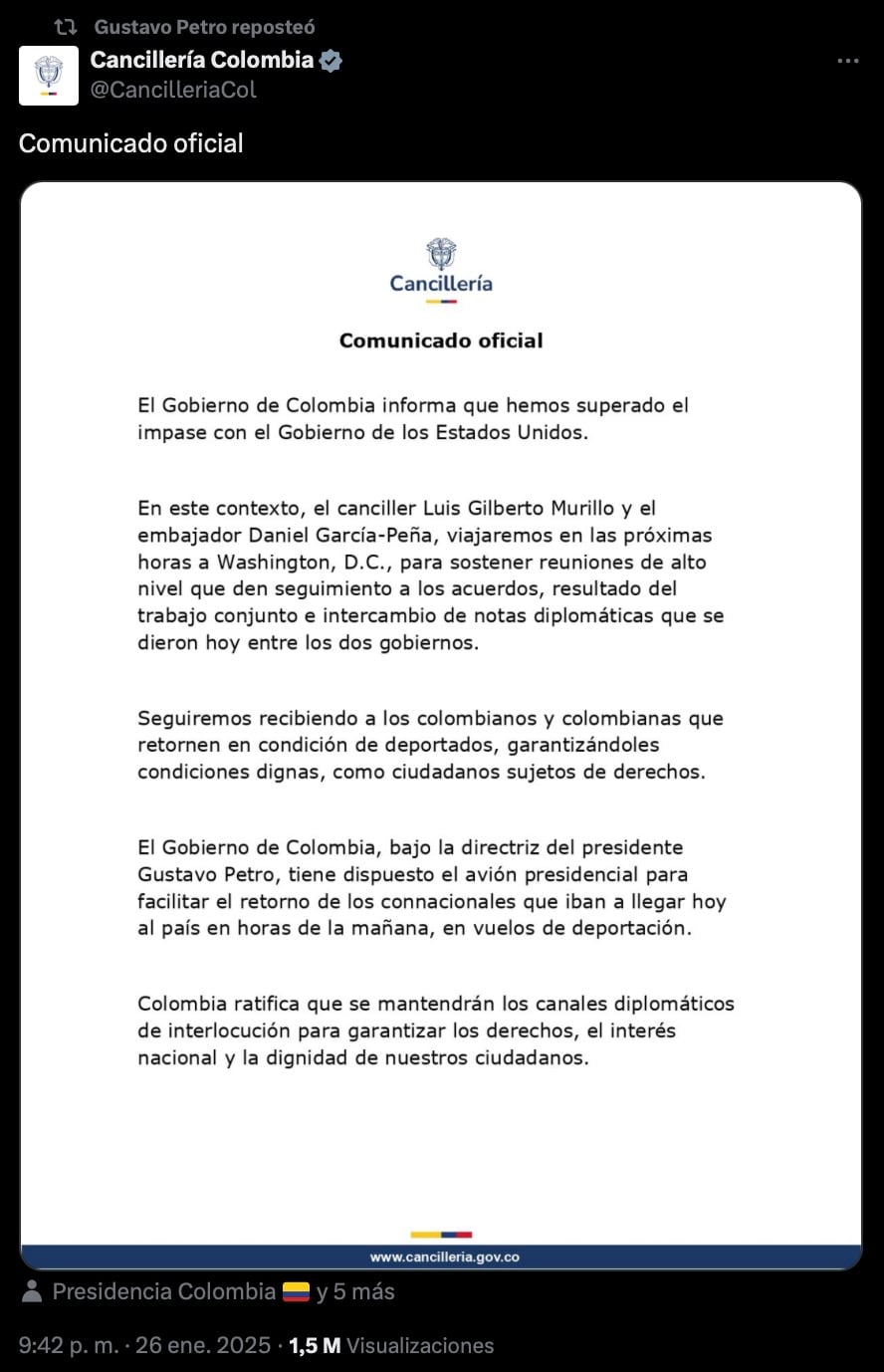 Comunicado del gobierno de Gustavo Petro sobre deportados desde Estados Unidos