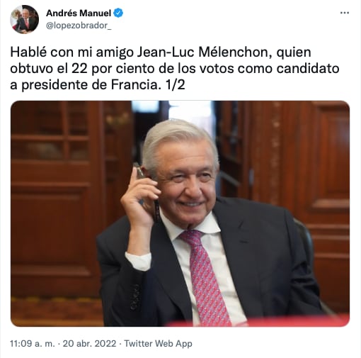 AMLO presume que habló con su amigo Jean-Luc Mélenchon/@lopezobrador_