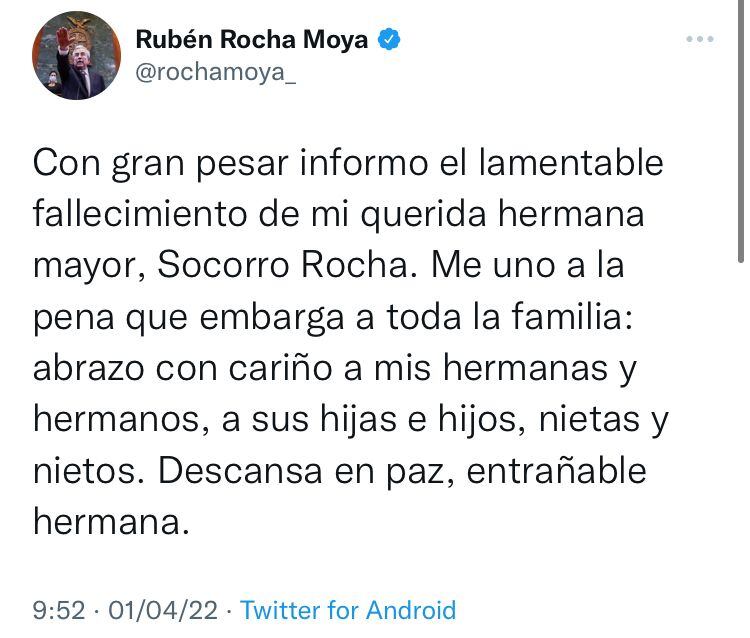 Rubén Rocha Moya sobre la muerte de su hermana