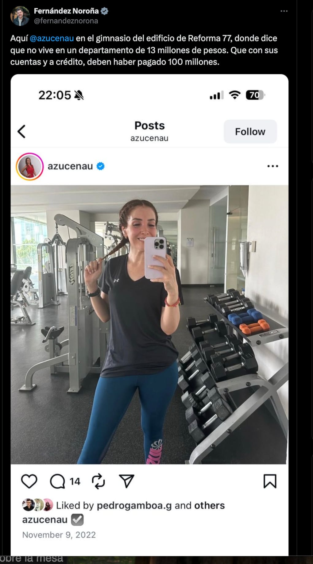Gerardo Fernández Noroña publica foto de Azucena Uresti para insistir que es dueña de un departamento más caro que su casa