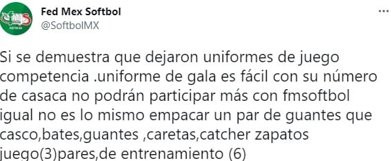Tuit de la Federación Mexicana de Softbol