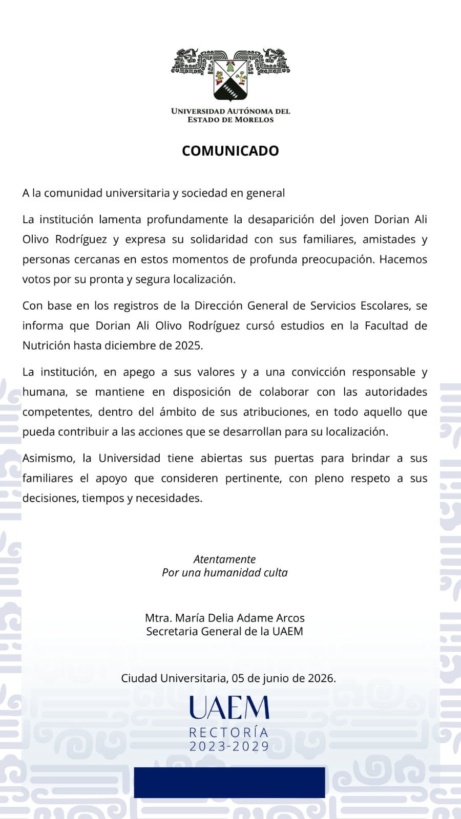 UAEM se suma a la búsqueda de Dorian Ali Olivo Rodríguez, alumno desaparecido