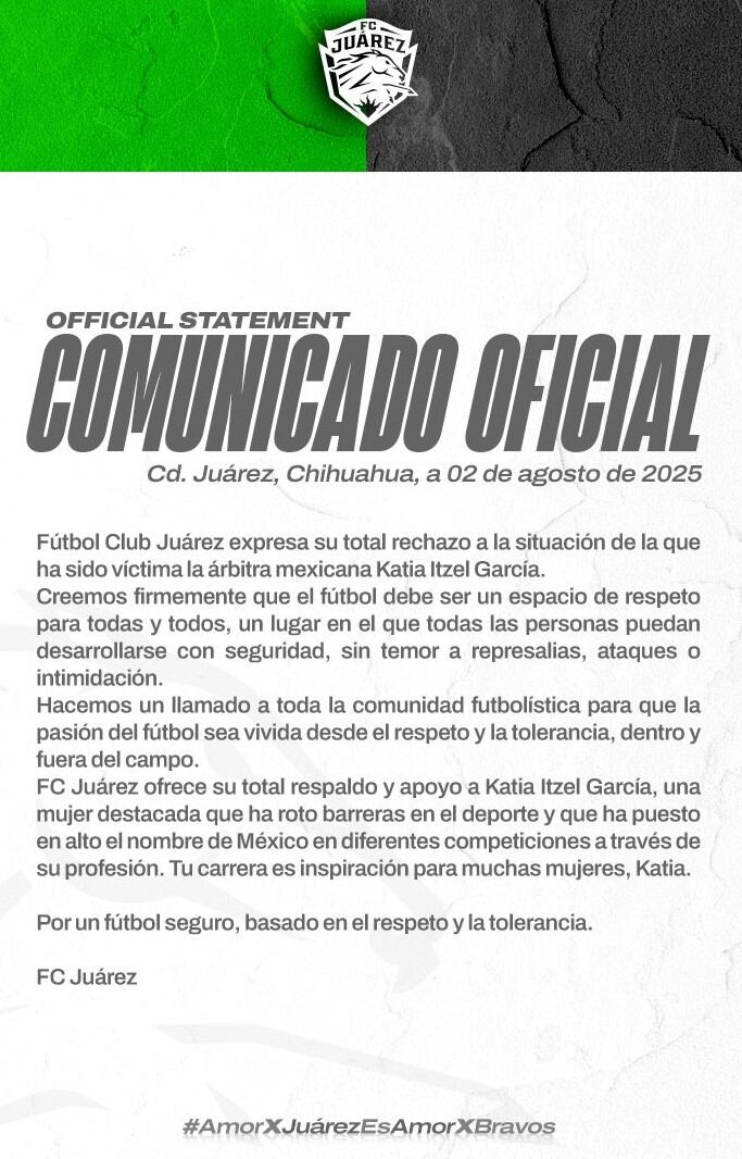 FC Juárez se solidariza con Katia Itzel García