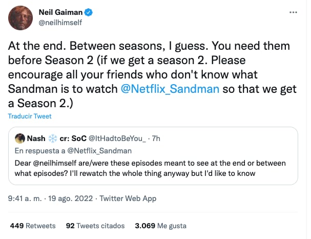 Respuesta de Neil Gaiman sobre la segunda temporada de The Sandman