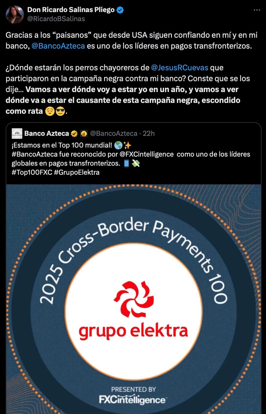 Ricardo Salinas Pliego presume "premio" a Banco Azteca por pago de remesas