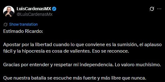 Luis Cárdenas agradece a Salinas Pliego por respetar su independencia en TV Azteca