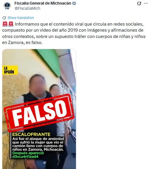 Fiscalía de Michoacán desmiente tráiler con cuerpos de niños denunciado en 2019