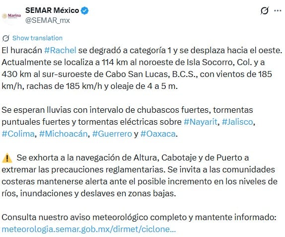 Rachel baja a categoría 1, pero mantiene alerta por lluvias en varios estados