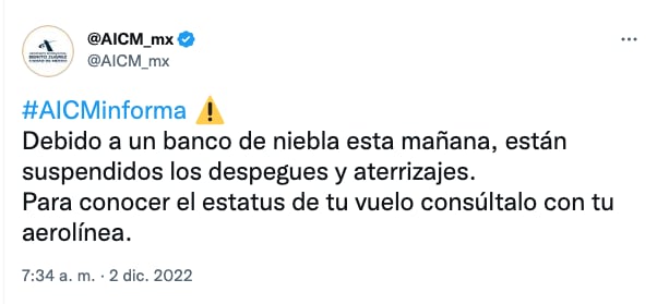 ¿Qué pasa en el AICM hoy 2 de diciembre? un banco de niebla afectan los vuelos