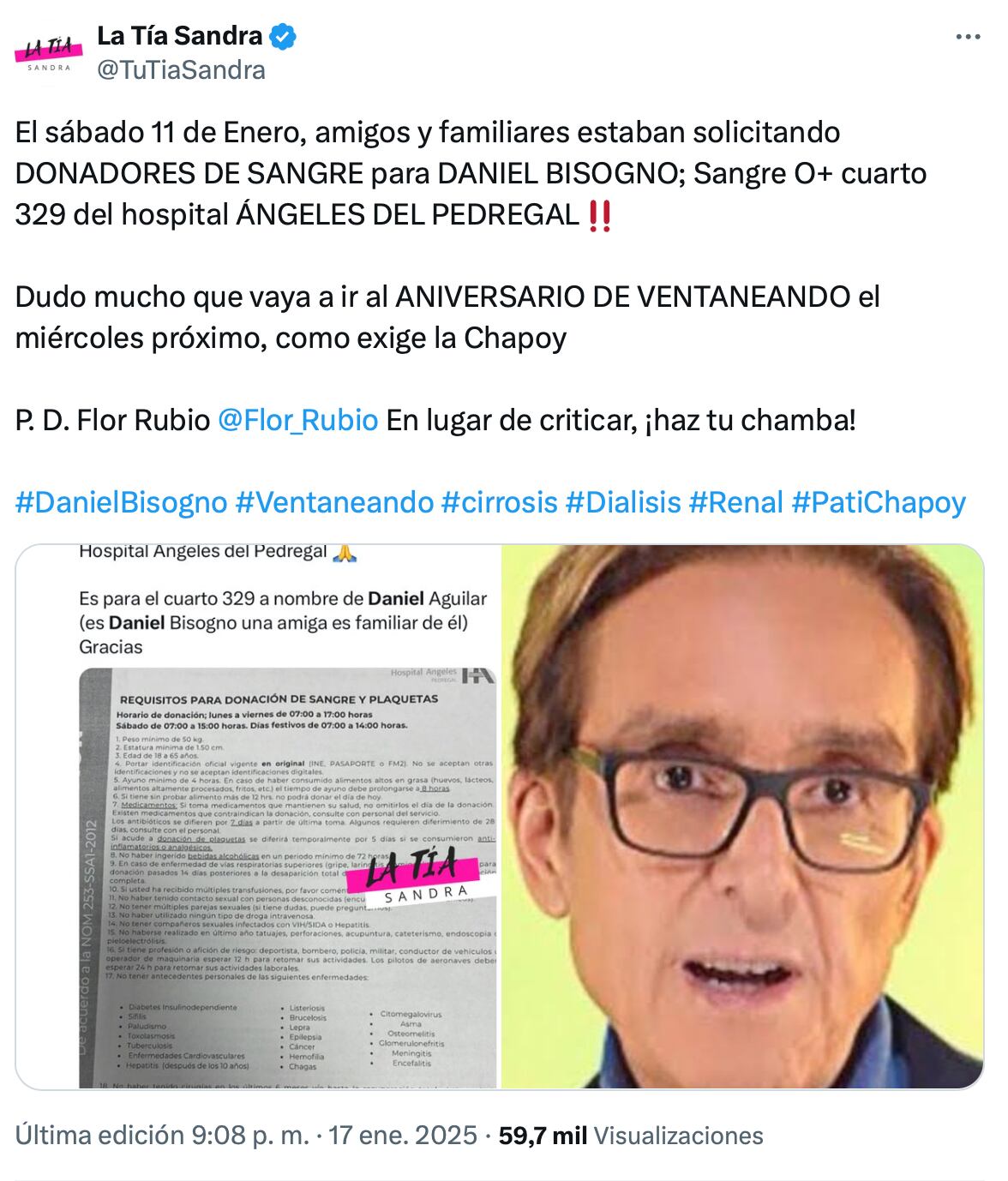 Familia de Daniel Bisogno esta pidiendo donantes de sangre para conductor de Ventaneando