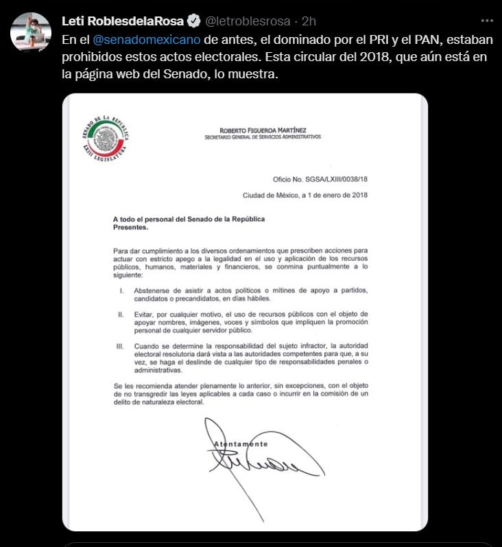 Comunicado donde Senado prohibía actos electorales