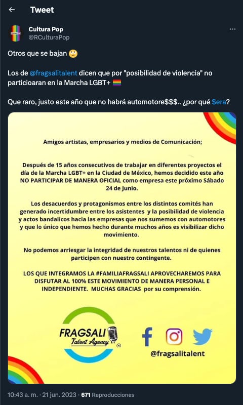 Empiezan las cancelaciones para la marcha LGBT de la CDMX 2023