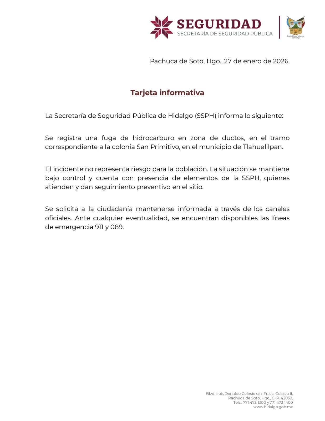 Reportan fuga de hidrocarburo en Tlahuelilpan, Hidalgo