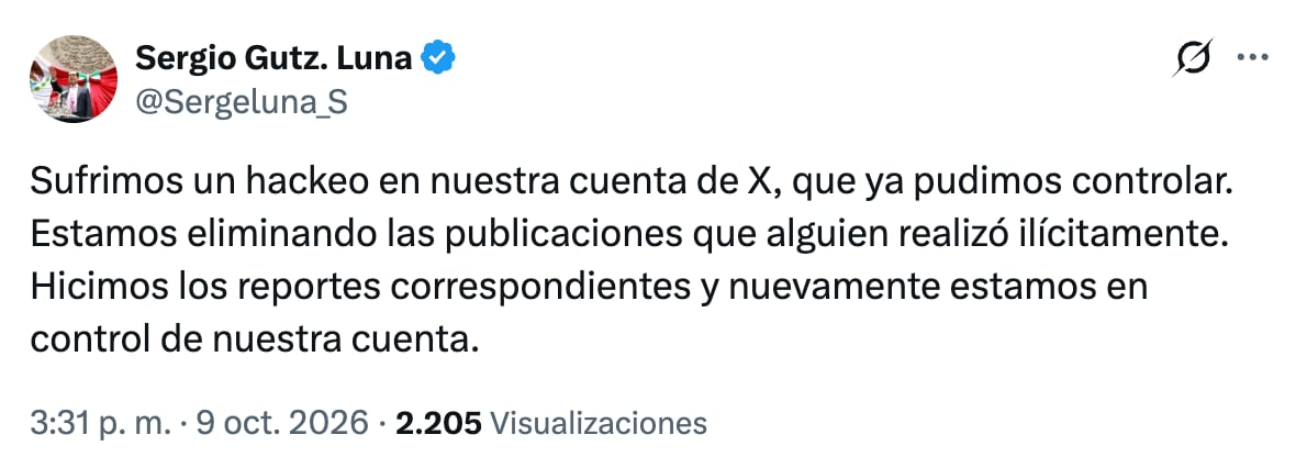 Sergio Gutiérrez Luna recupera su cuenta de X tras hackeo