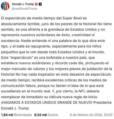 Trump critica show de medio tiempo de Bad Bunny