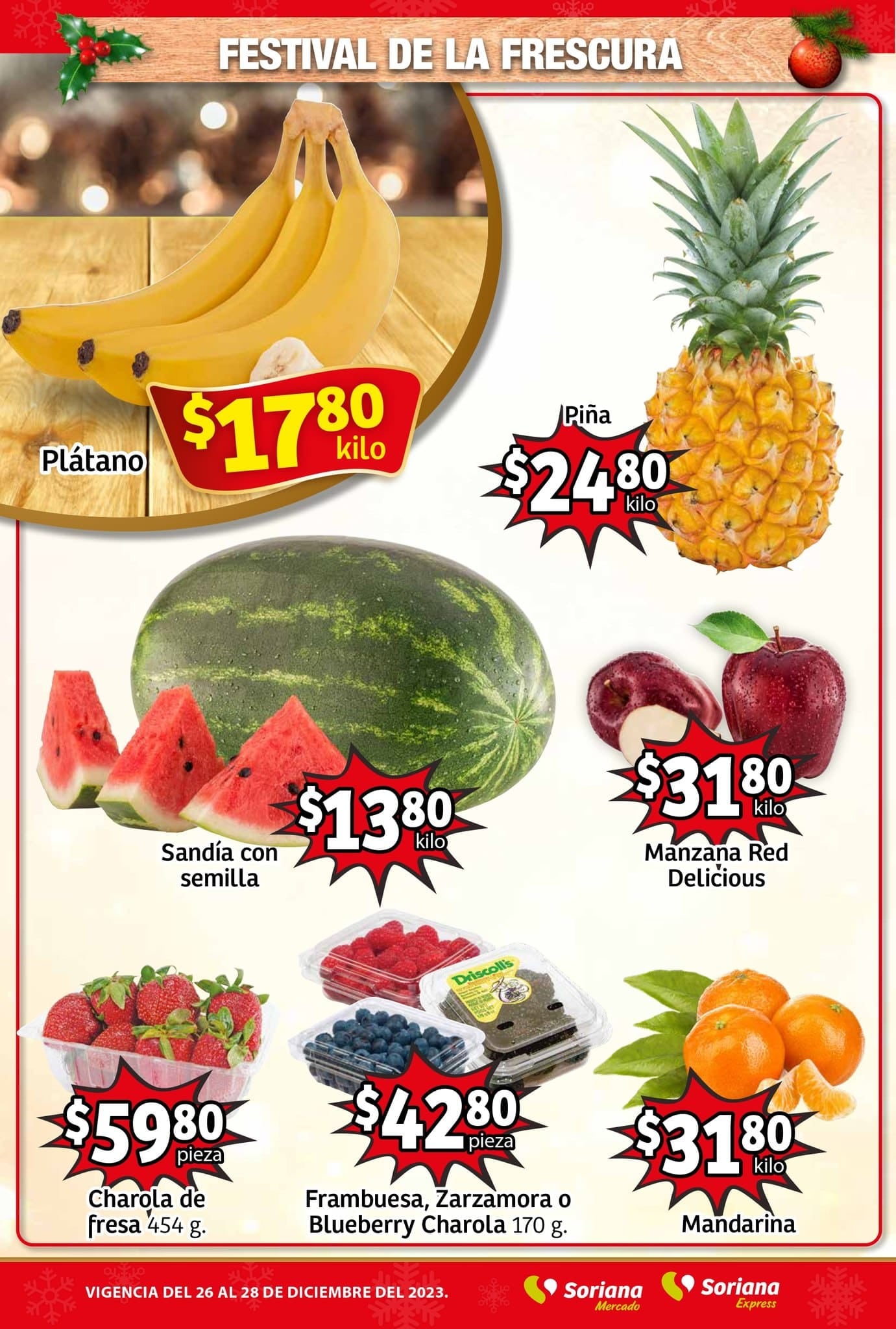 Folleto Soriana Mercado frutas, verduras y carnes 26 al 28 de diciembre 2023