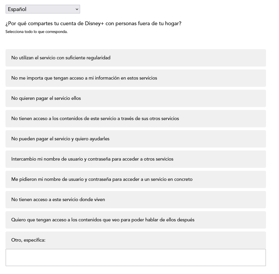 Encuesta de Disney+ sobre las cuentas compartidas