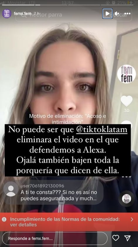 FemxFem acusa a TikTok de censurar el video donde defienden a Alexa Hoffman