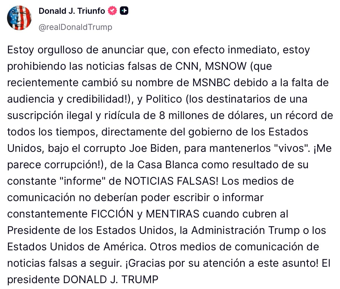 Donald Trump celebra censura a medios de comunicación