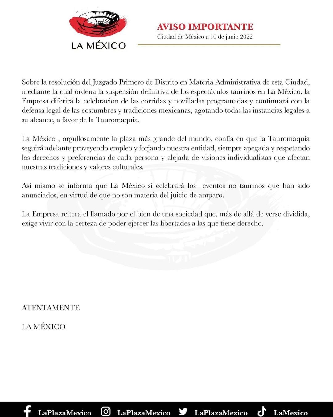 Comunicado de la Monumental Plaza de Toros México.