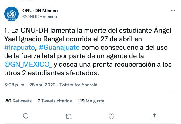 Tuit de ONU por caso de Ángel, estudiante muerto por Guardia Nacional.