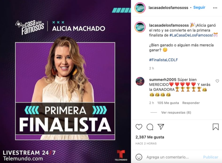 Alicia Machado es la primera finalista de La casa de los famosos