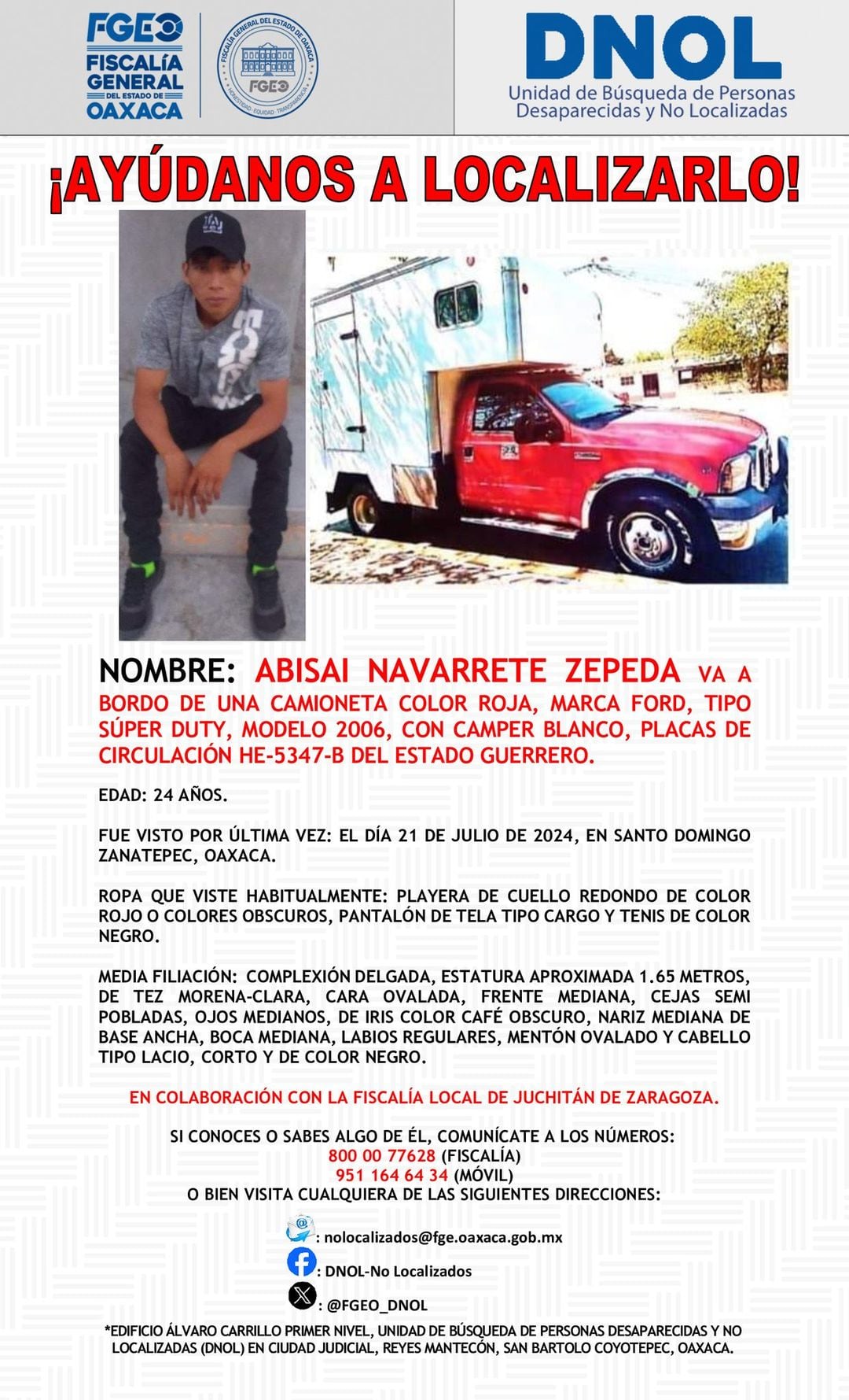 Ficha de búsqueda de los 5 jóvenes indígenas que desaparecieron en el Istmo de Tehuantepec