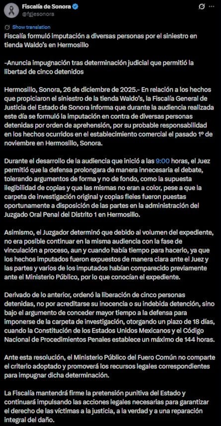 La Fiscalía confirma liberaciones en el caso Waldo’s de Sonora