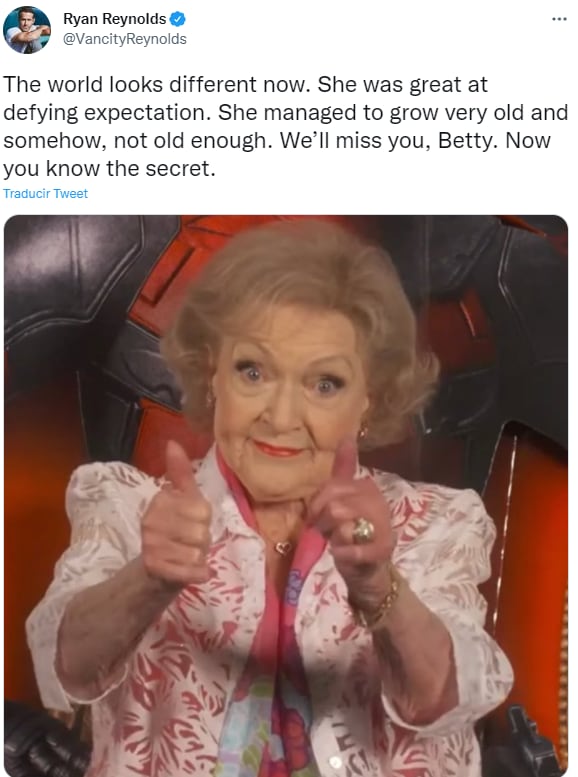 Ryan Reynolds reacciona al muerte de Betty White