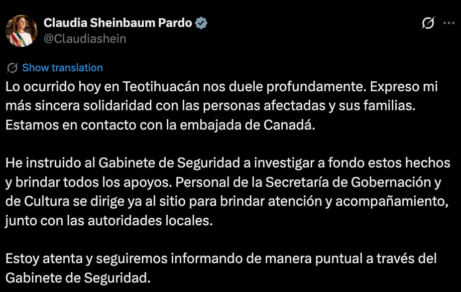 Claudia Sheinbaum lamenta balacera en Teotihuacán