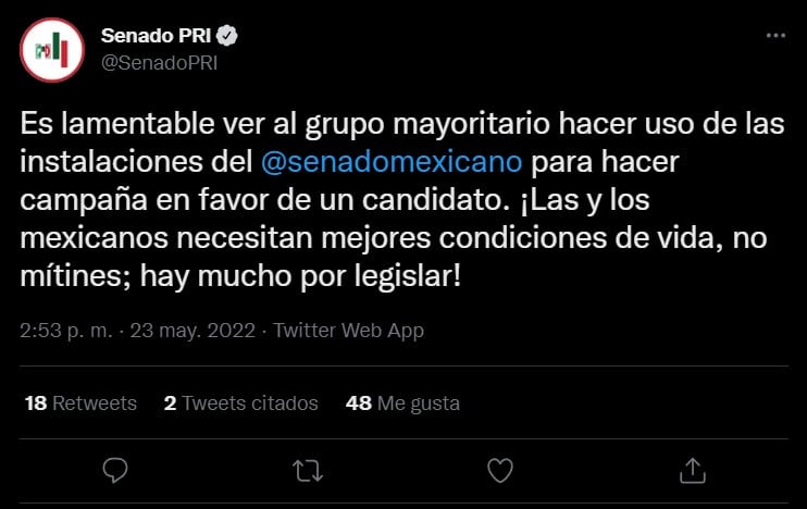 PRI se queja del mitin de los senadores de Morena
