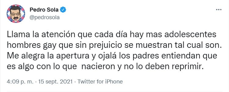 Publicación de Pedro Sola en Twitter