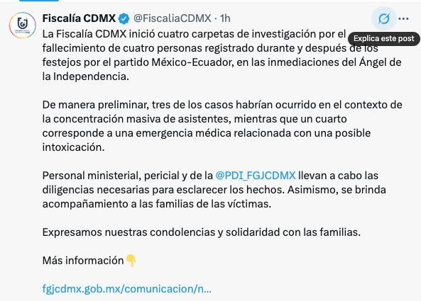 Fiscalía CDMX investiga muertes durante festejos en Paseo de la Reforma