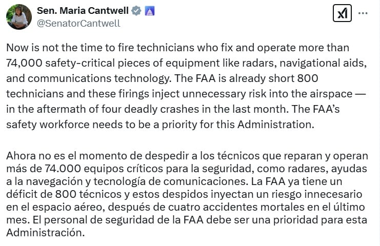 Senadora Maria Cantwell, del Partido Demócrata, criticó la decisión de despedir a personal de la FAA