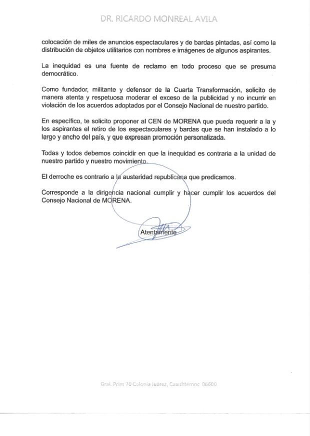 Carta de Ricardo Monreal