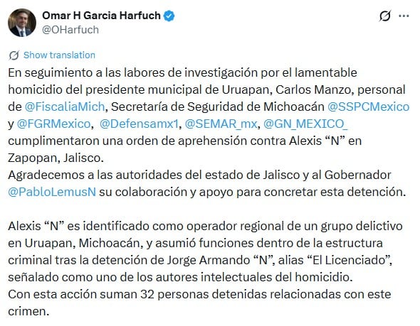 Omar García Harfuch anuncia detención de Alexis por el asesinato de Carlos Manzo