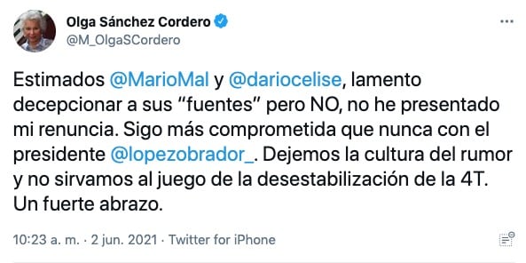 Tuit de Olga Sánchez Cordero