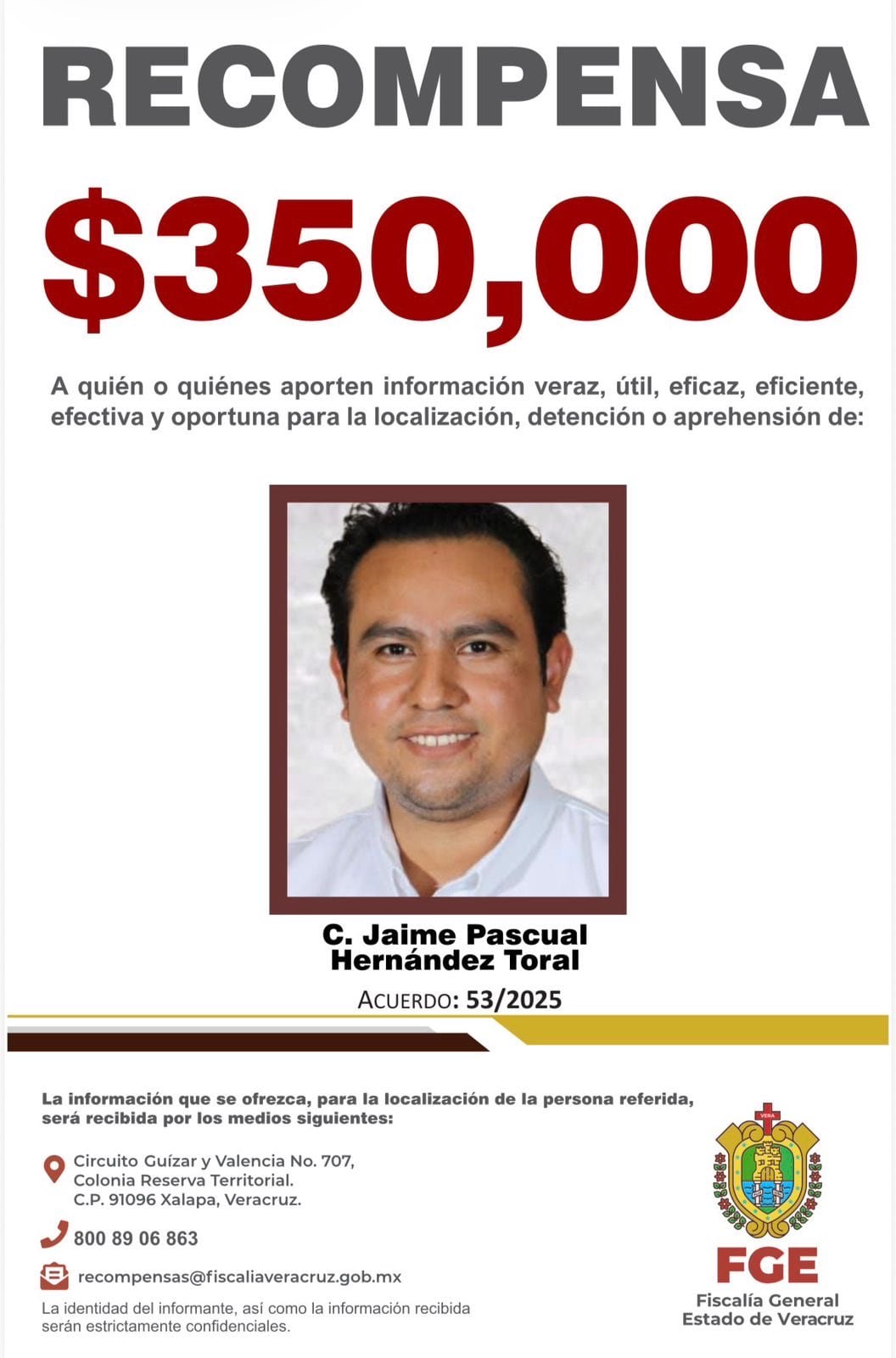 Boletín de recompensa por Jaime Toral.