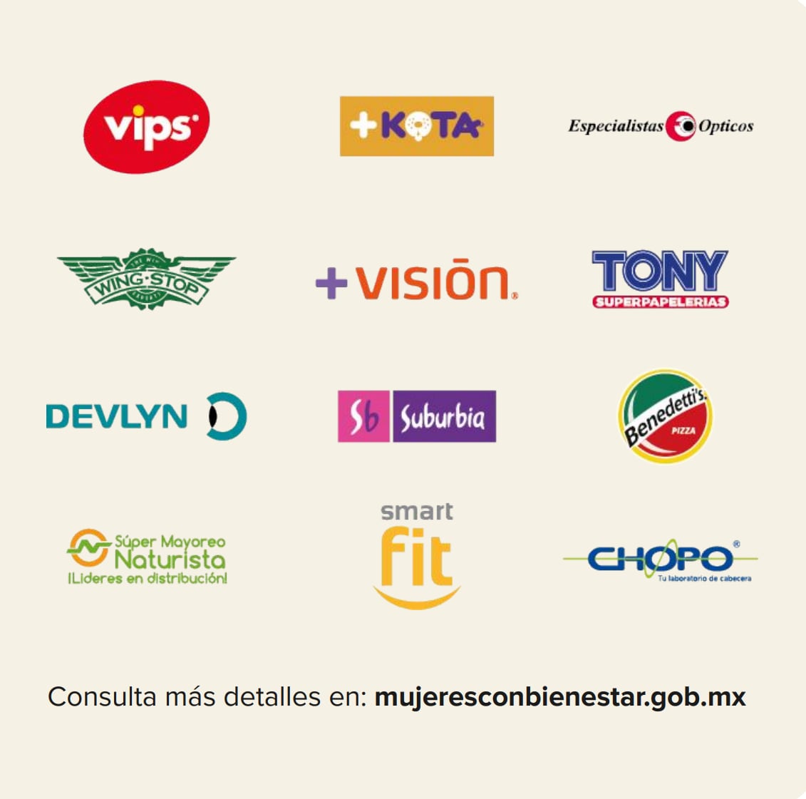 Mujeres con Bienestar ofrece descuentos en las siguientes franquicias