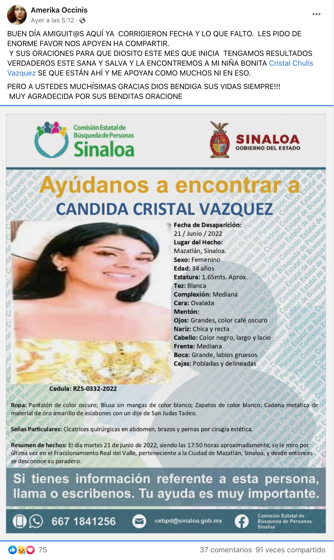 Cándida Cristal Vásquez, locutora de Sinaloa, sigue desaparecida