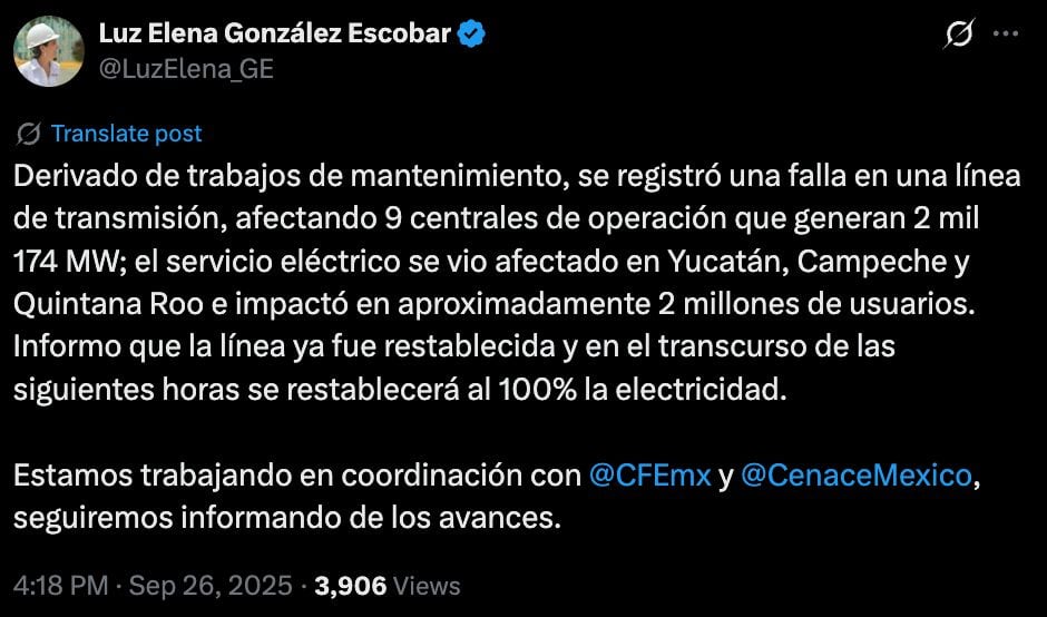 Apagón masivo en el sureste de México.