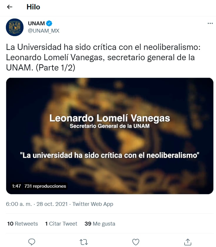 Tuit de video de la unam sobre el neoliberalismo