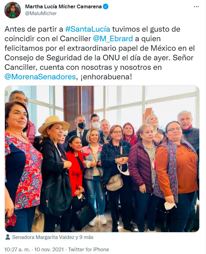 Tuit de la senadora Martha Lucía Mícher Camarena con el canciller Marcelo Ebrard antes de ir al AIFA/@MaluMicher