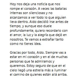 Mensaje del manager de Aldo Miranda ante su muerte.